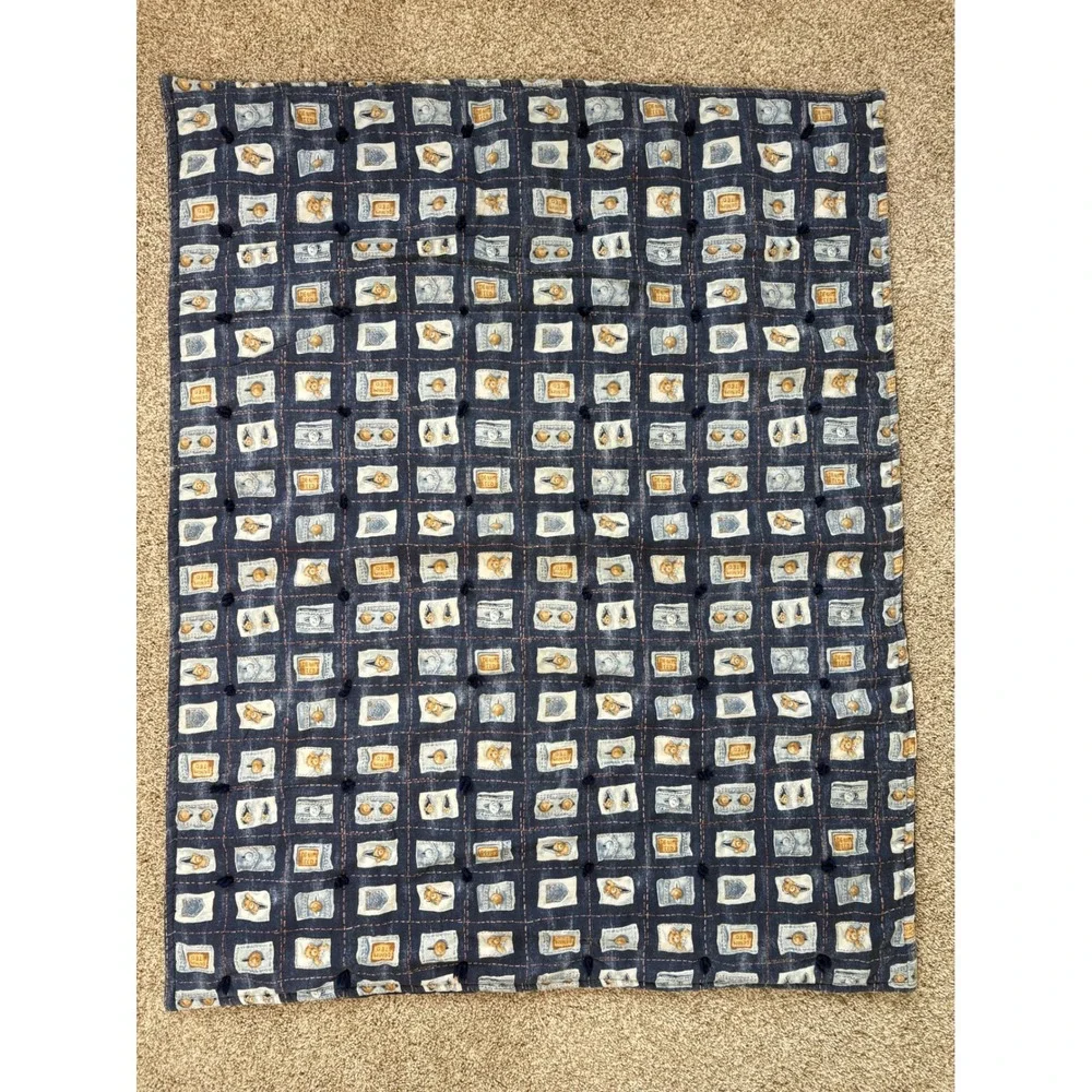 Vtg 1996 Denim Ted Bear Pockets ‎ Baby Blanket Navy Blue 32x40